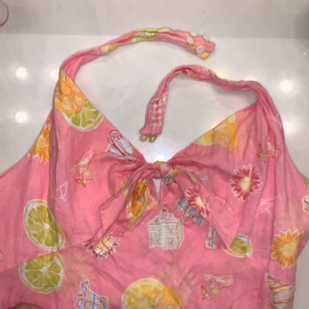 Liz Claiborne linen halter dress. Summer pink & lemon yellow print. Size 14. - Picture 5 of 7